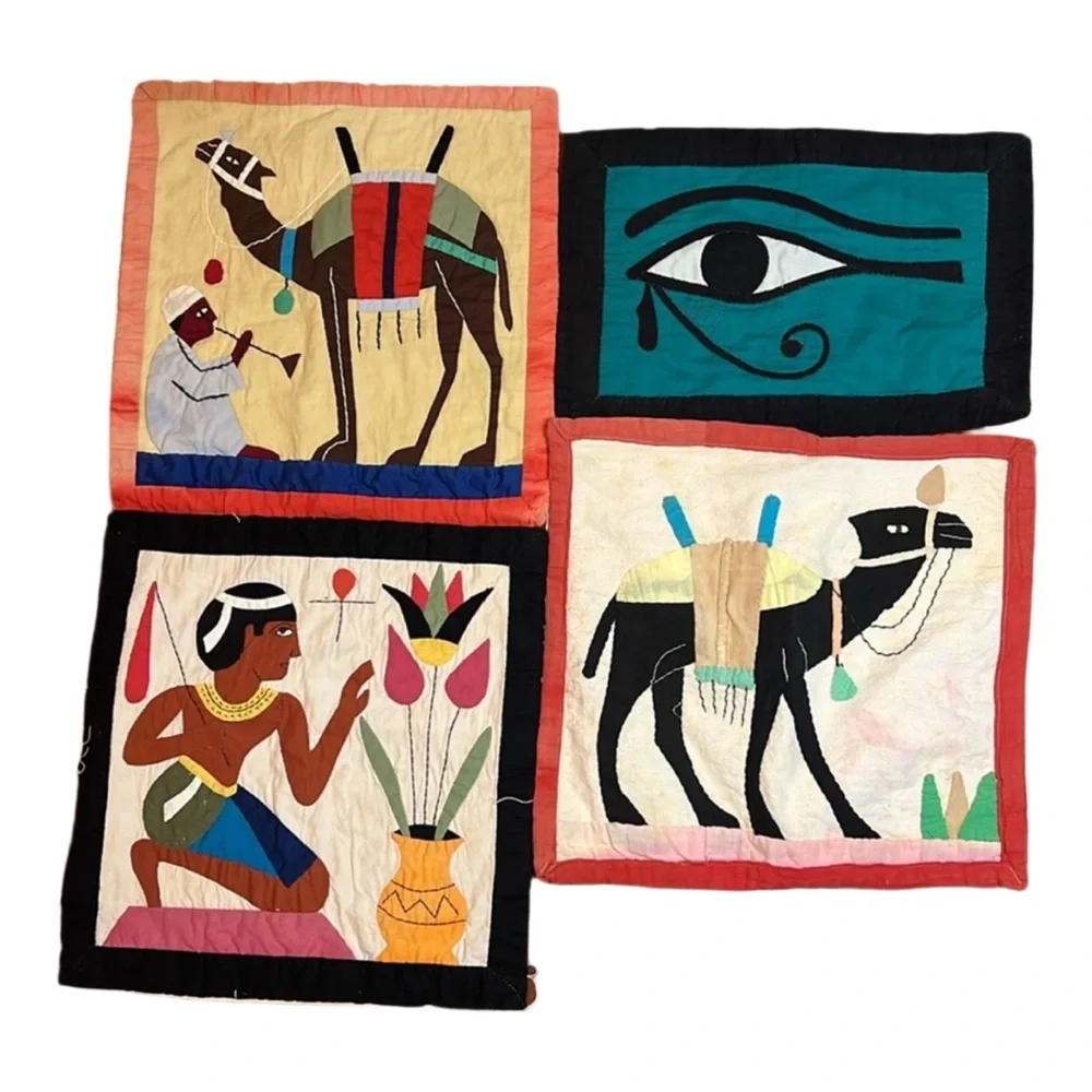 Egyptian Revival Tapestry Set of 3‎ Embroidered Patchwork Pillow Covers RARE